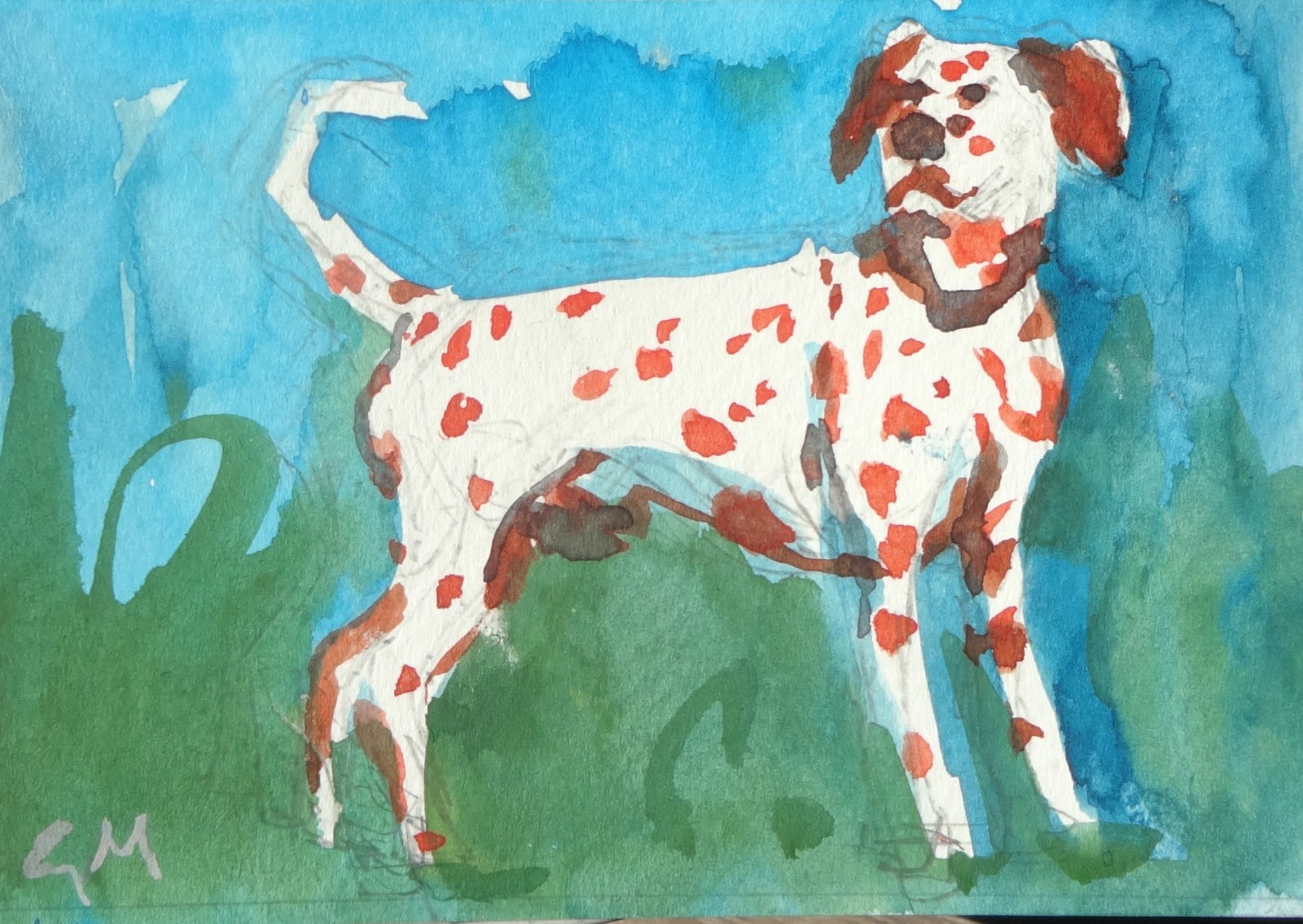 GERRY MILLER. “Red Dalmation” watercolor painting on paper. 13x9cm.