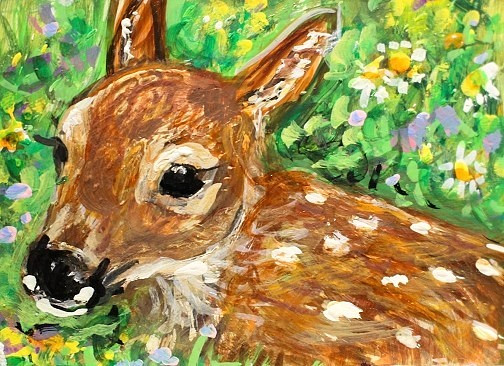 ORIGINAL ACEO Painting FAWN Deer SPRING Animal Flower Landscape Nature ATC ART