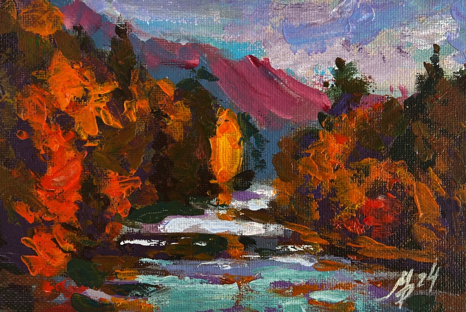 Acrylic Painting Autumn In The Mountains M. Patskan Unframed Original nAAA4908