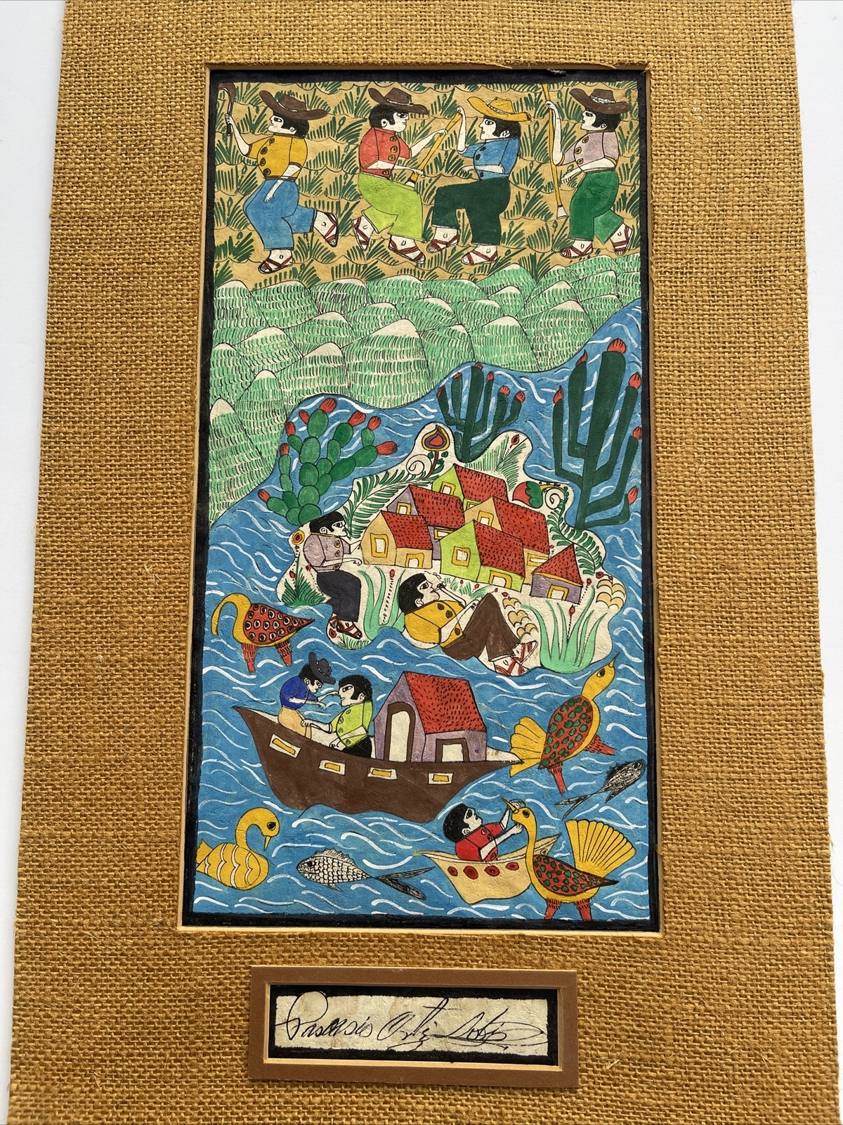 COLORFUL FOLK ART PAINTING FARM WORKERS FARMING COASTAL FISHERMAN NAIVE ORTIZ