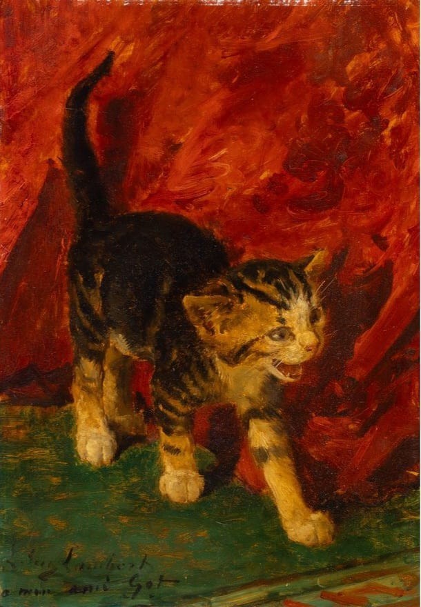 old painting young cat oil on canvas Louis Eugène LAMBERT (1825-1900)