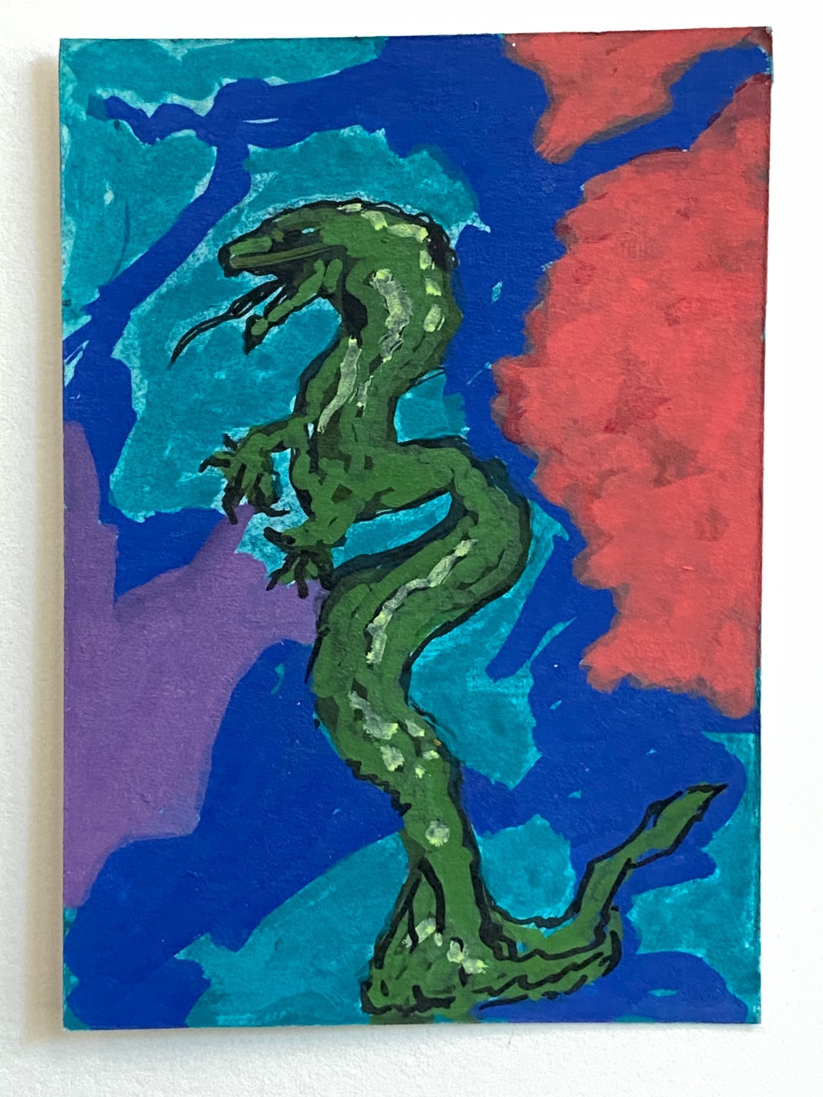 ACEO original acrylic painting of a dragon with abstract background, 2.5″ x 3.5″