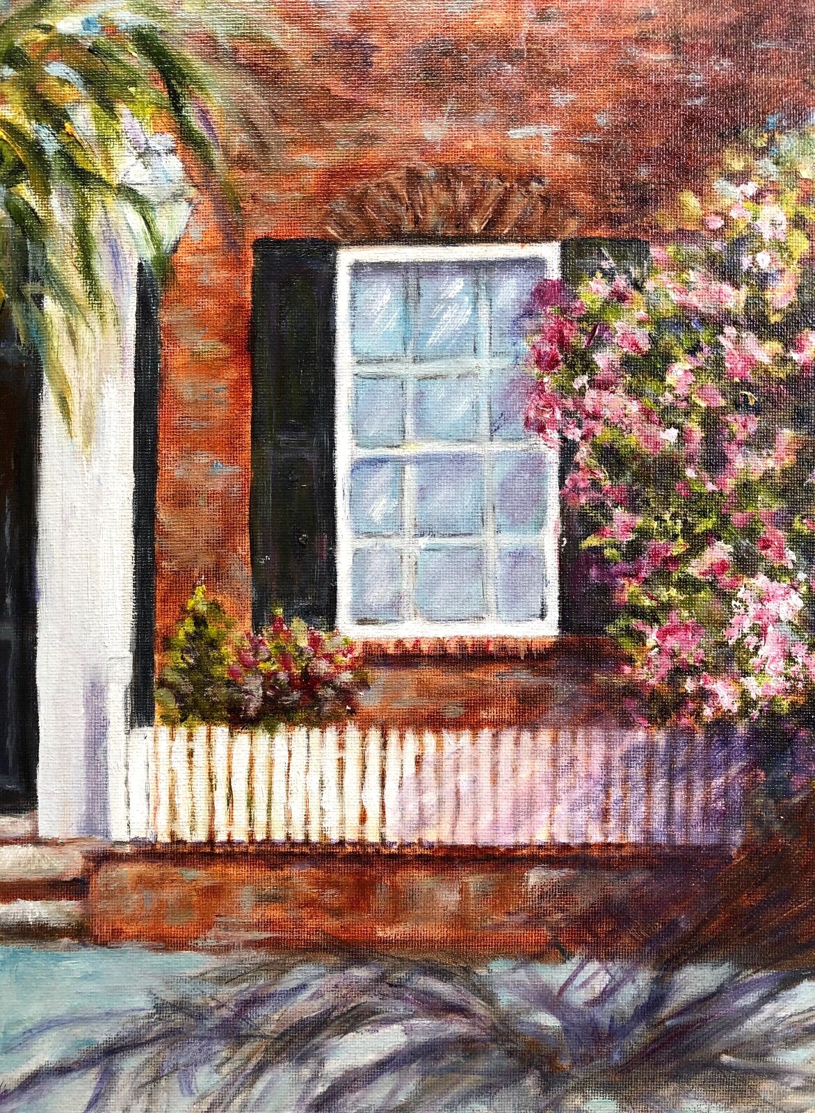 Charming Cottage with White Picket Fence, Flowers, Trees, 9″x12″ Oil Painting