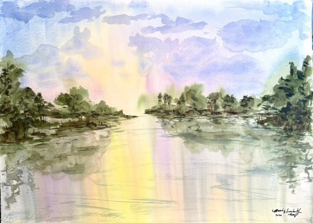 Maria Art LAKE LOVERS 22 x 30 WATERCOLOR 140LB Landscape Abstract Original Decor
