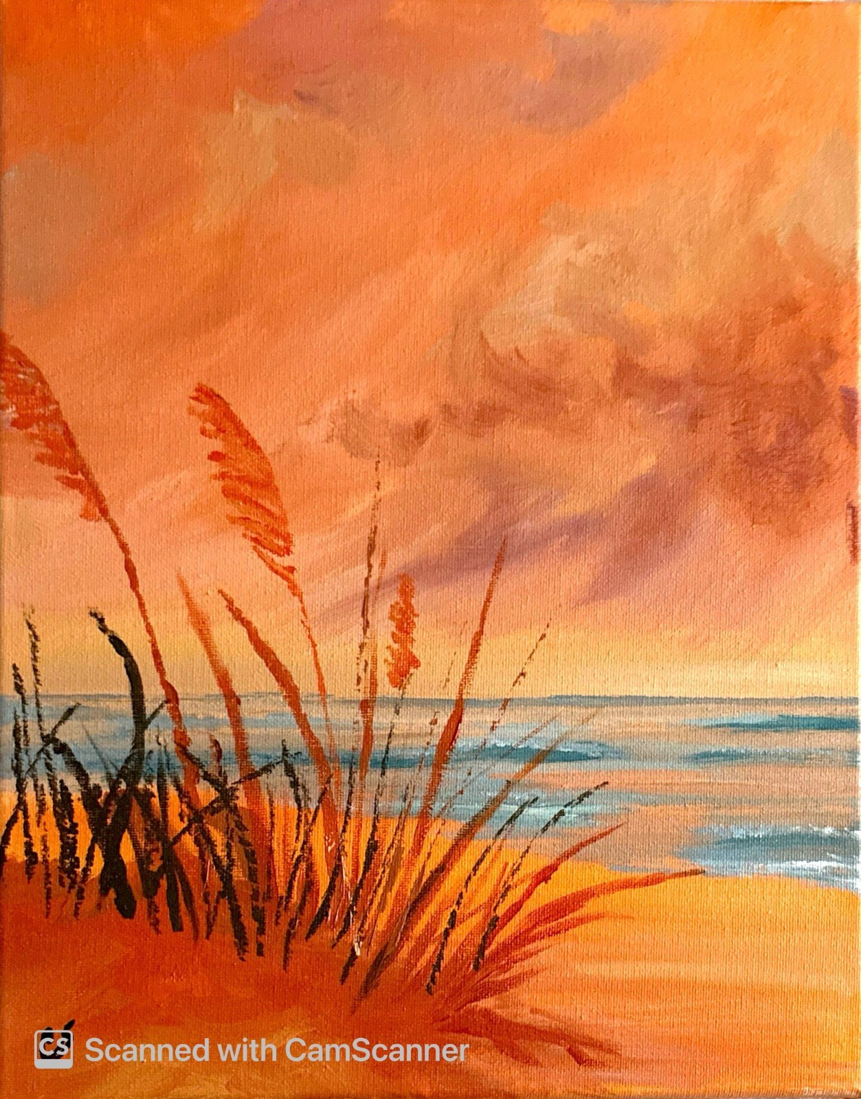 Original Acrylic Painting 11×14 Signed Canvas Art – Seaside Grass at Sunset
