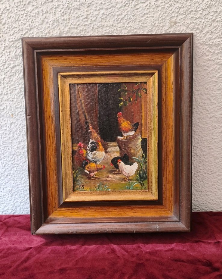 Vintage Chicken Oil Painting Framed 1985 Country Barnyard Scene Signed Th