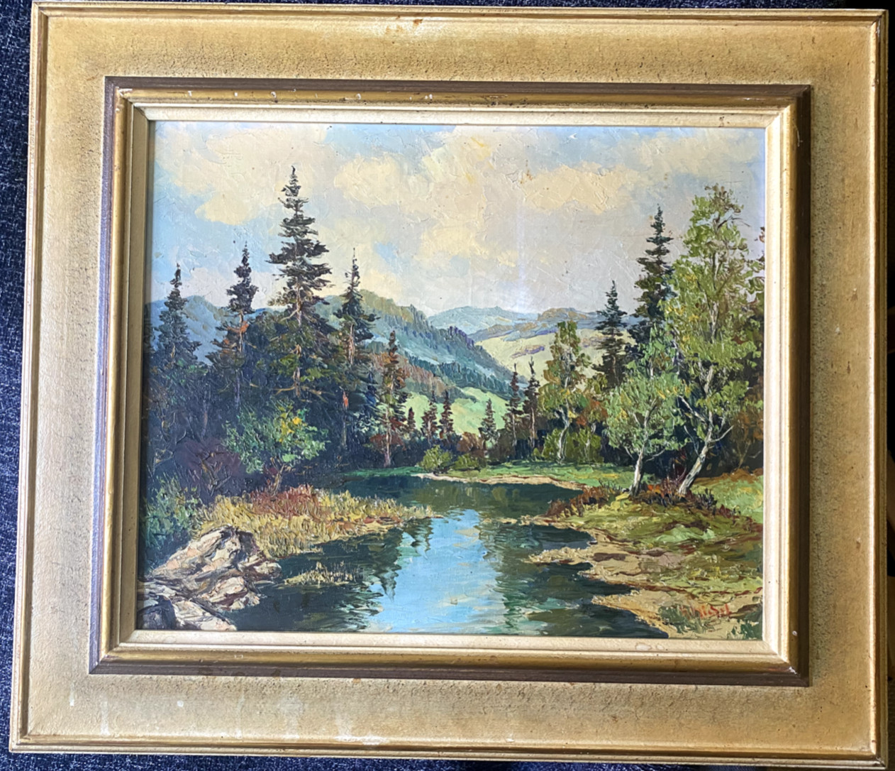 A. Michel Oil Paintings Tannenwald At The River Mountain Landscape Summer Day