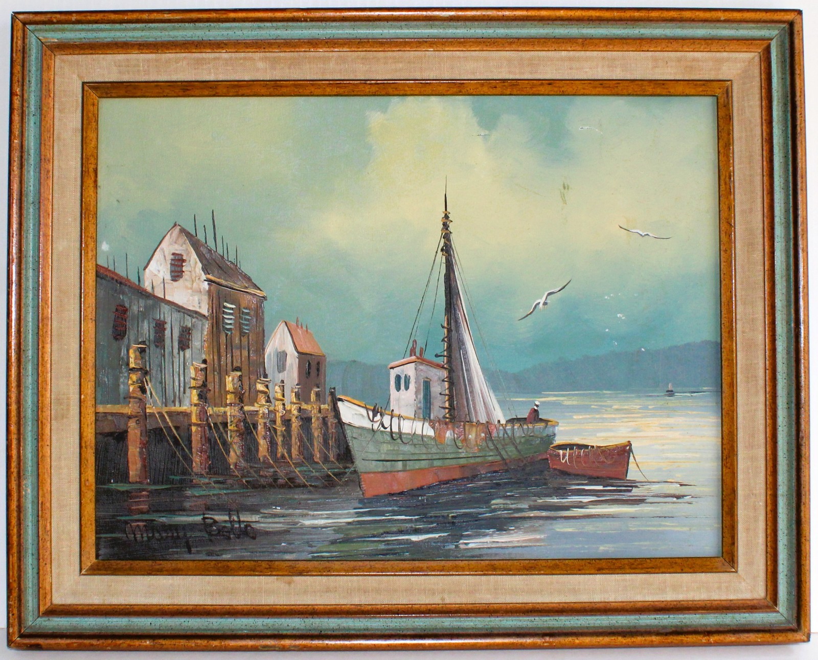 MARY BOTTO 1913-2002 VINTAGE OIL PAINTING CARDBOARD SIGNED HARBOR BOAT PORT PIER