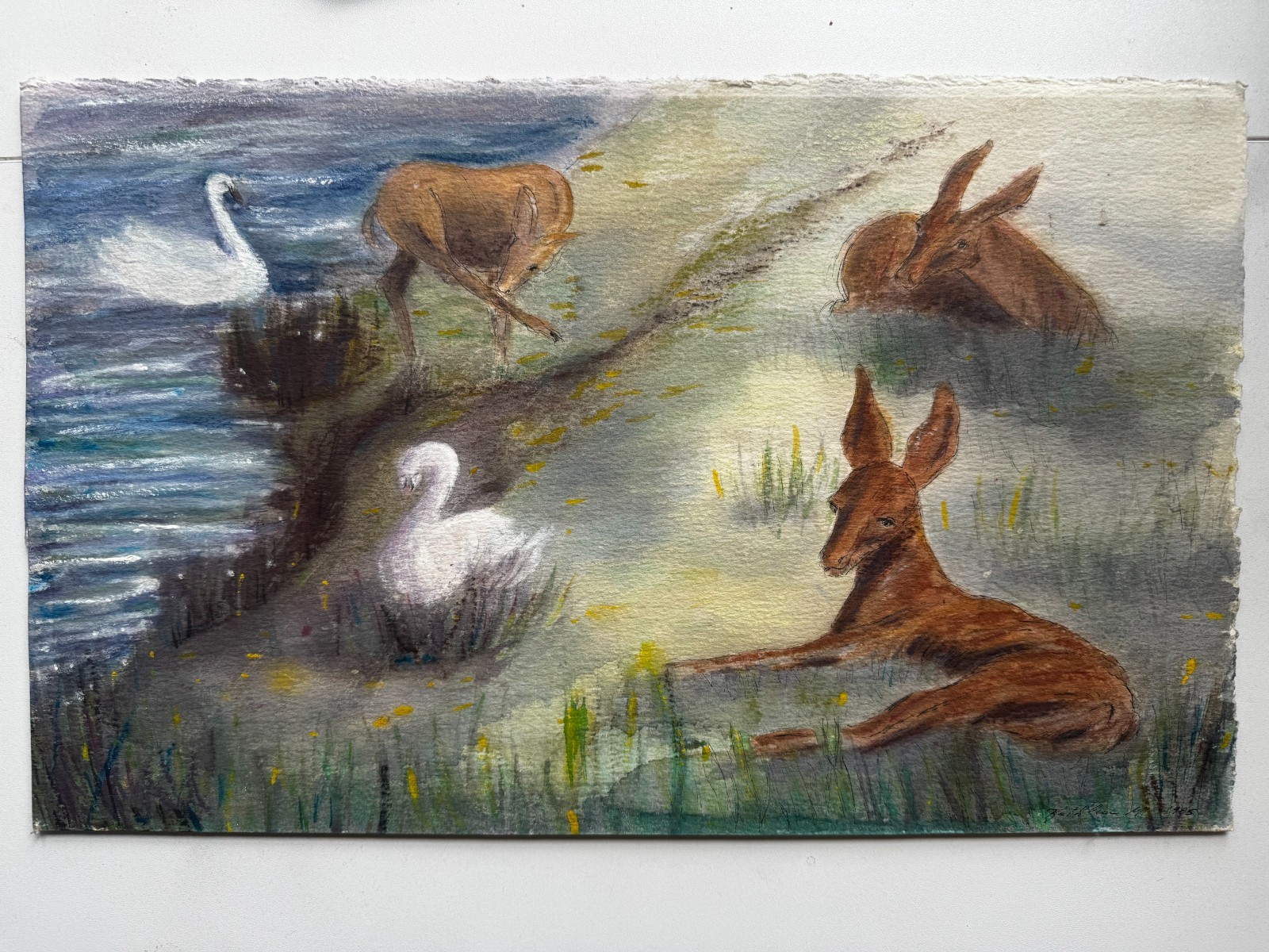 Incredible Vintage 1980s Gouache Painting Animals Swans Deer Signed Dated 1983
