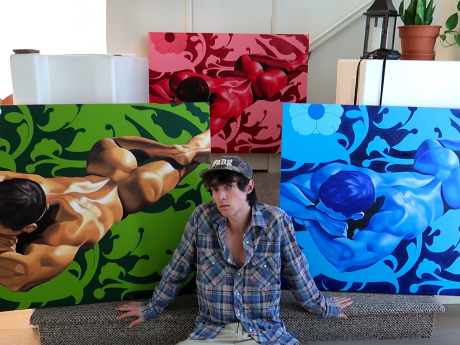 «Green Flora» Nick Floyd ORIGINAL NUDE man oil painting 36×48 signed canvas