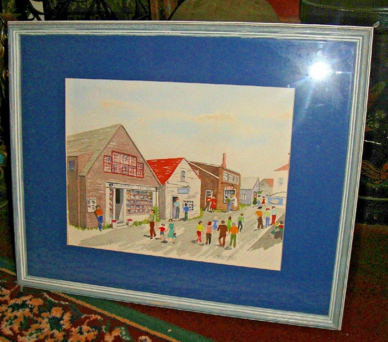 Water Color Painting Signed Ramage Small Downtown Store Vintage USA Town