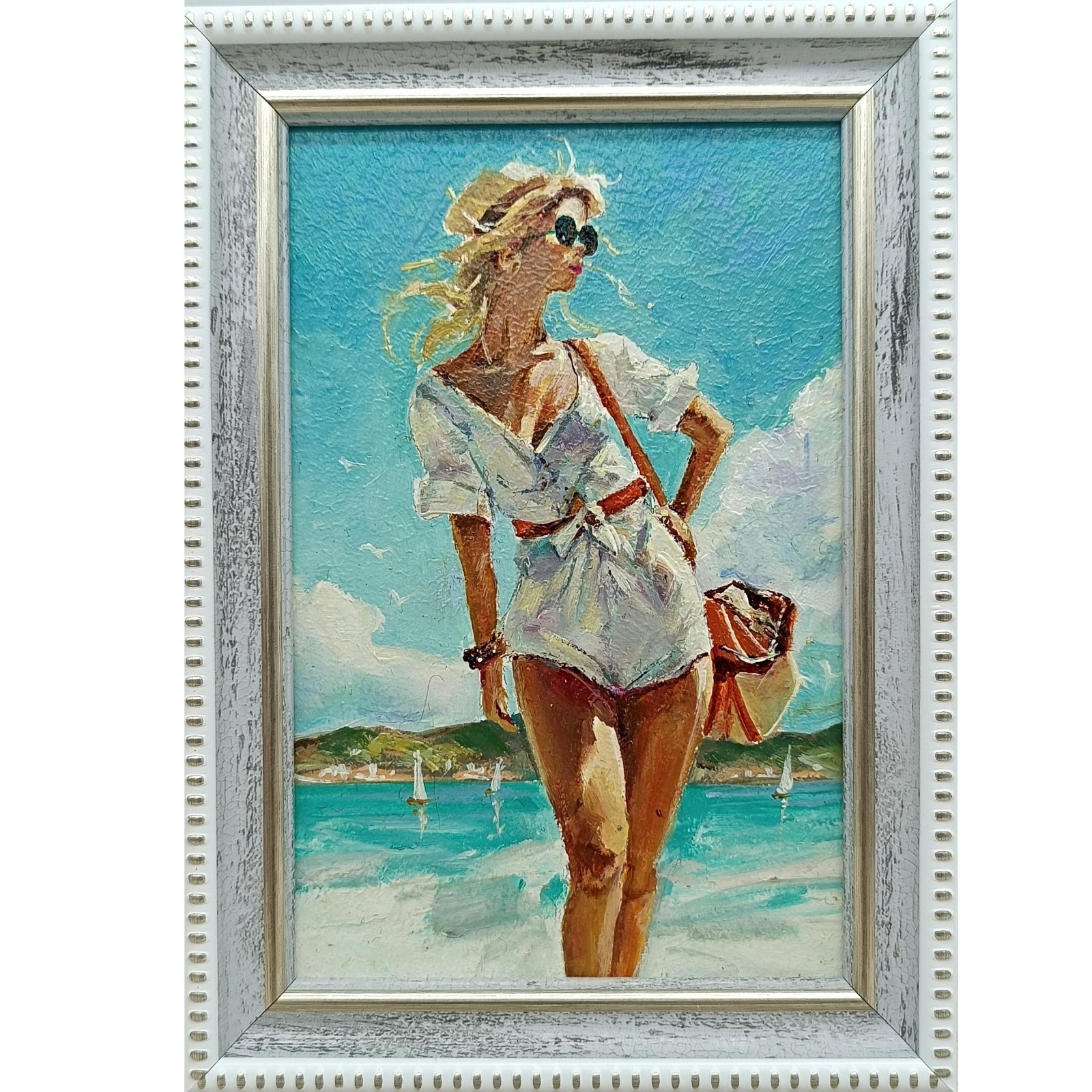 Beach Girl Original Oil Painting 4×6 Framed Signed Woman Sea Beachfront Art