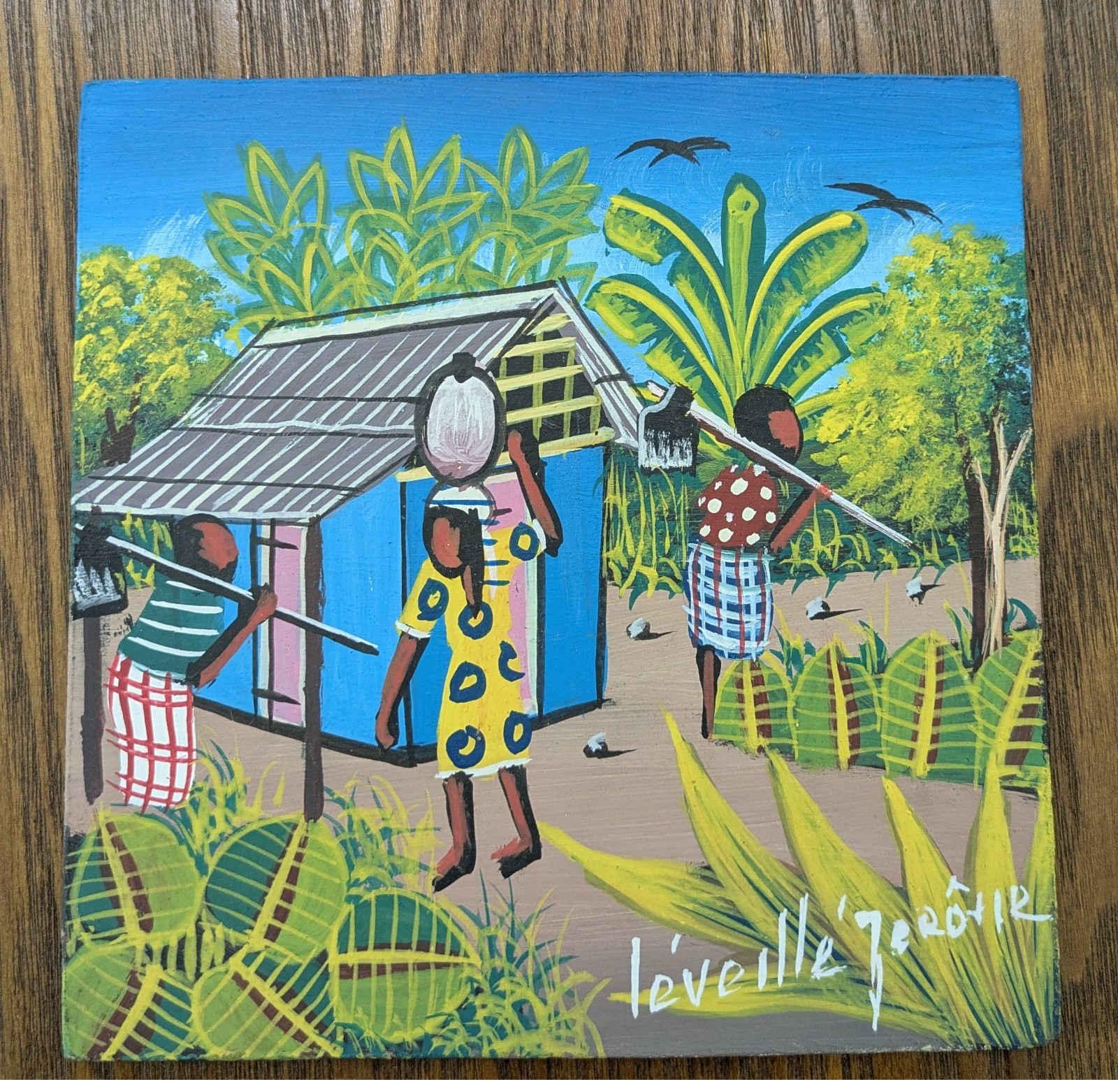 VTG original hand painted folk art from Haiti, 6×6 inch, oil on board signed