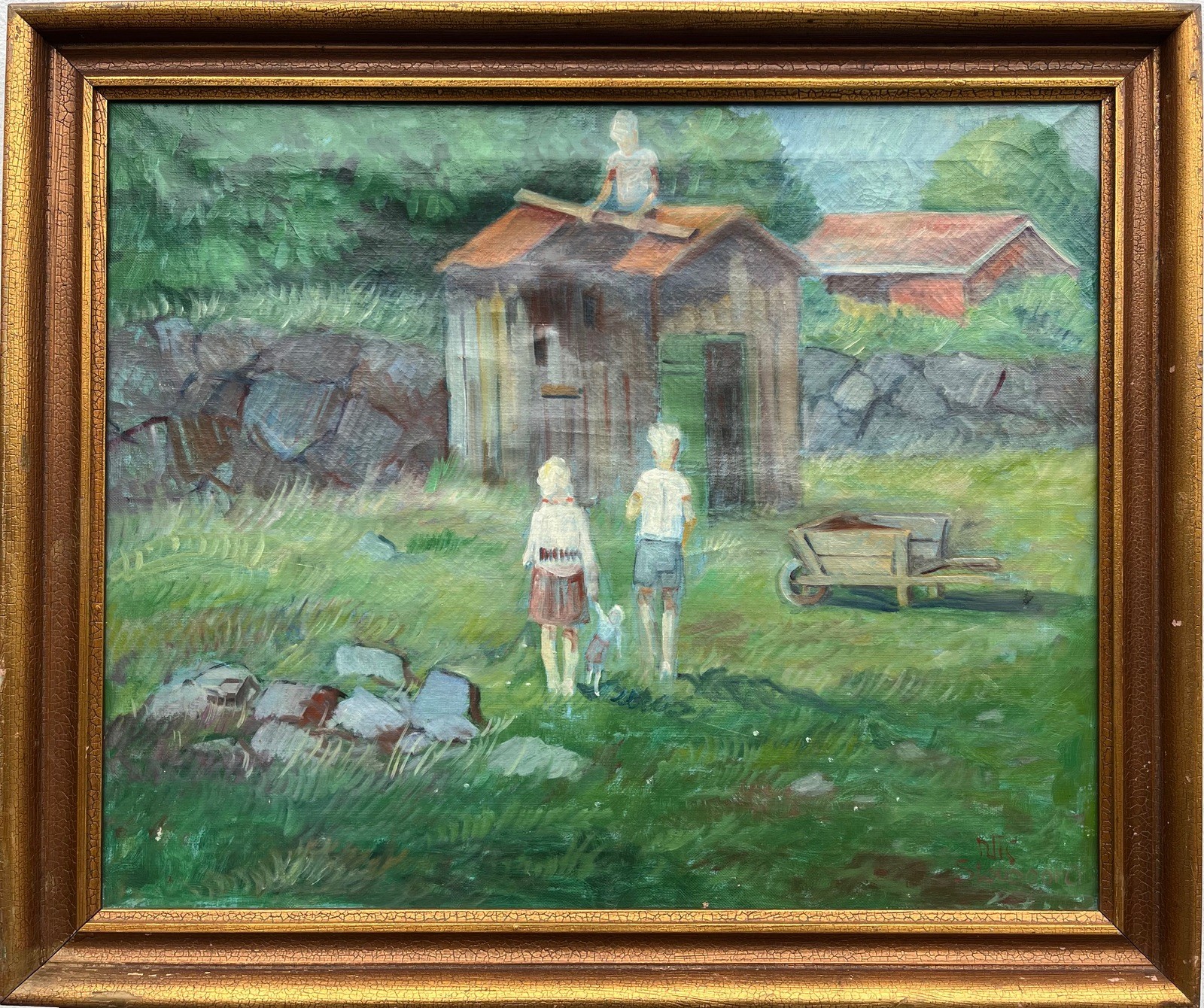 Nis Stougaard 1906-1987 Summer Landscape with Children Modern Danish Art