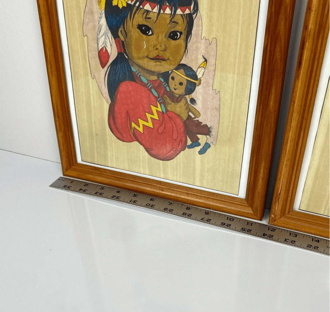Native American Girl Boy Tear Crying Wall Art Painting 14.5×11.5in Framed Set