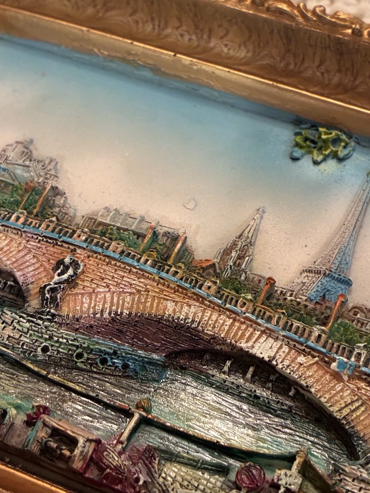 3D Painted resin &plaster relief gold “frame” Seine river Eiffel Tower Paris 5×7