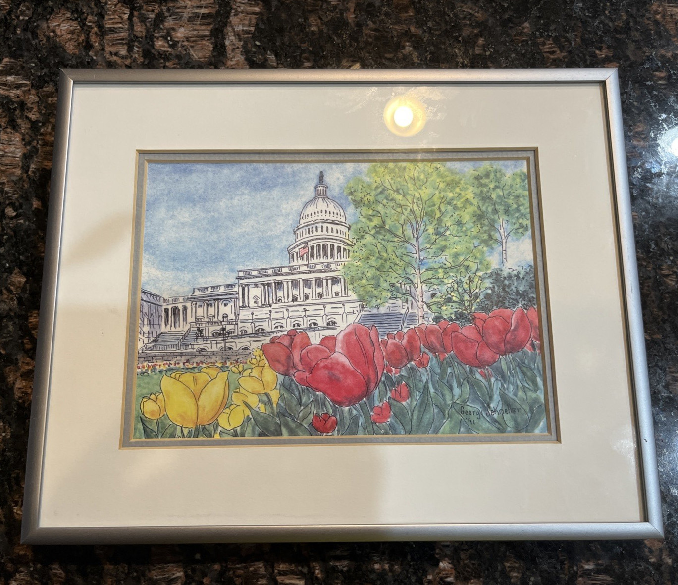 Nations Capitol Dome Watercolor by Georgi Schneller Framed & Signed