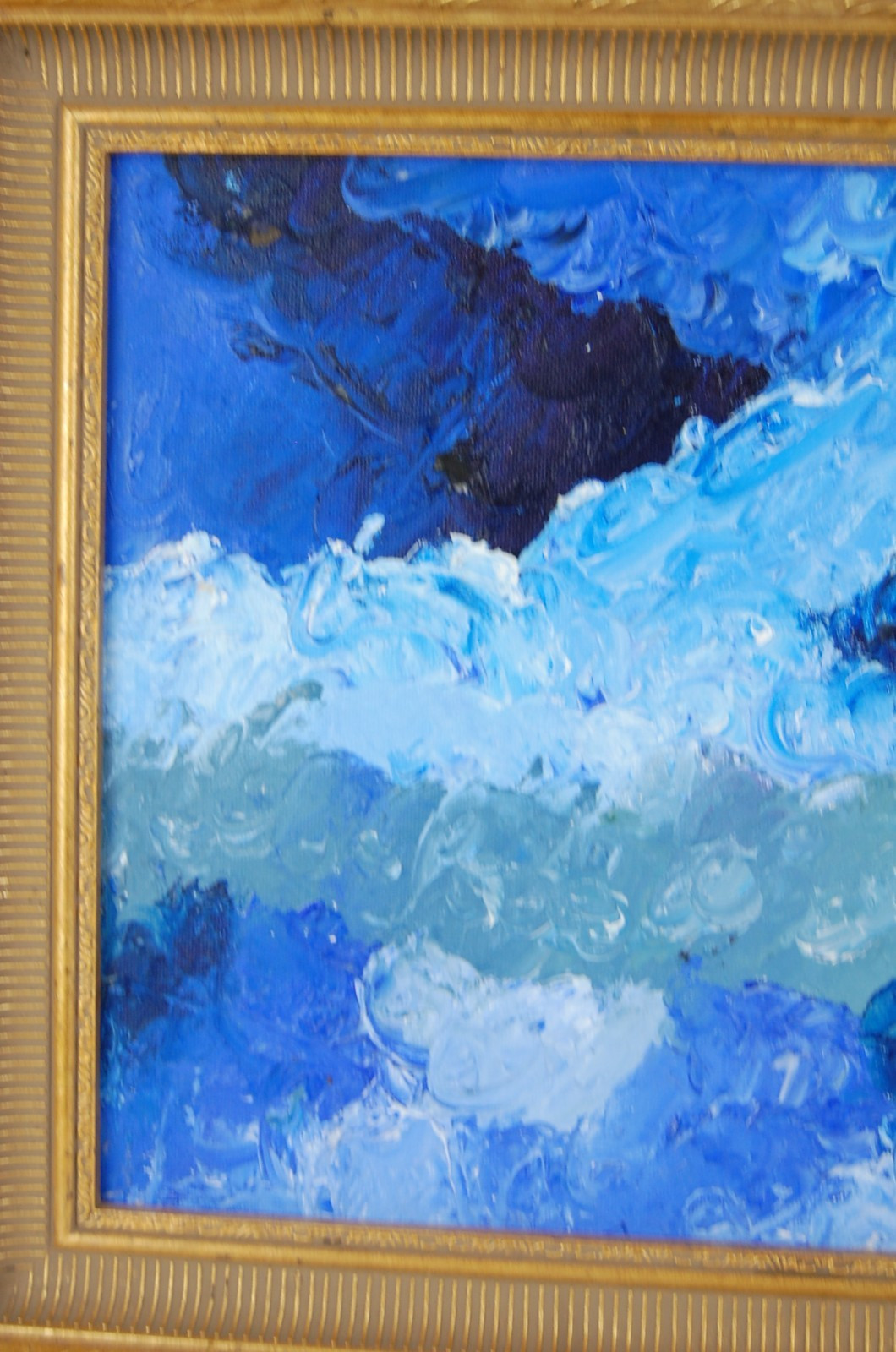 Framed Oil on Board Impressionist Abstract Blue Waves Seascape Painting 14X11