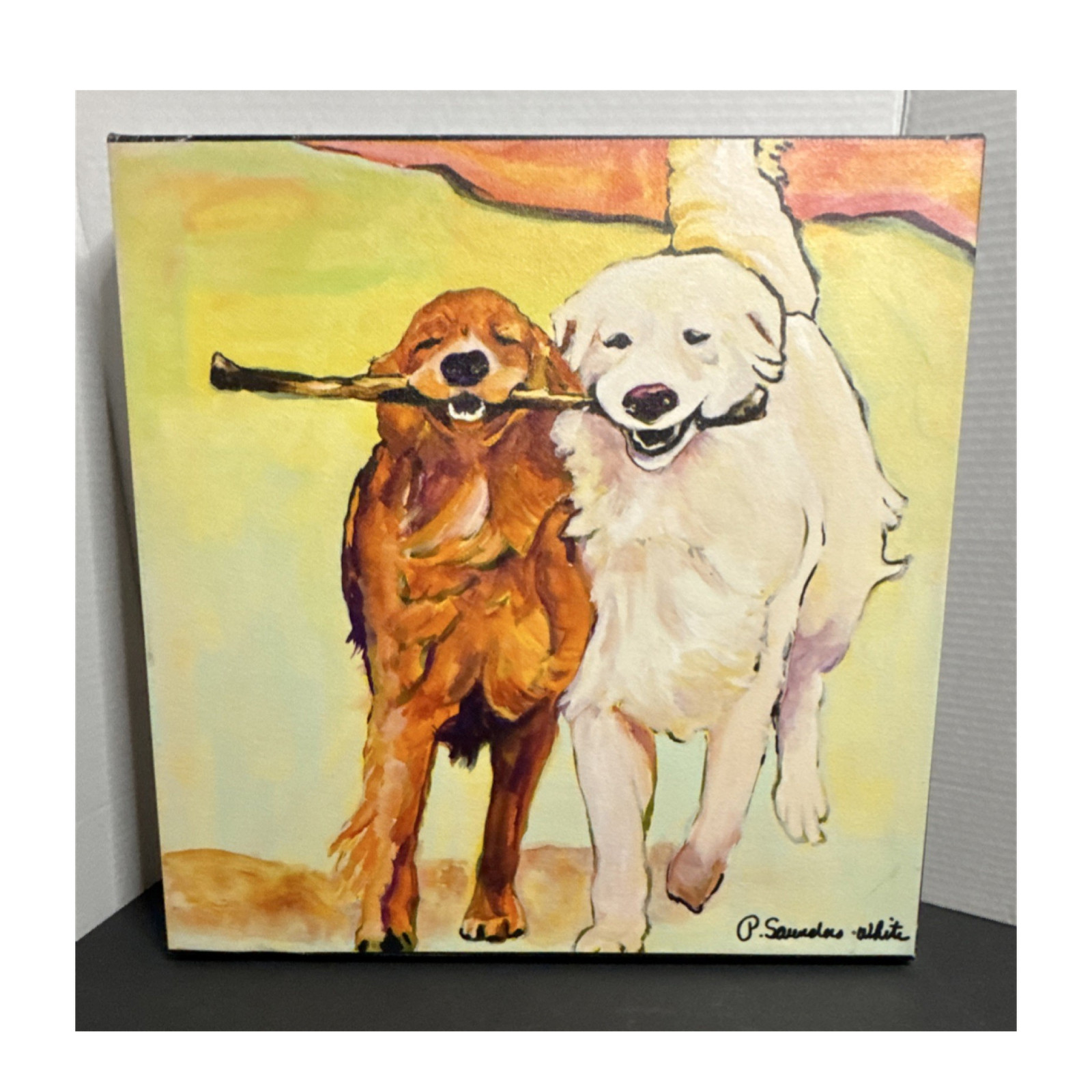 P. Saunders White Signed Original Dog Acrylic Painting on Canvas 16×16″