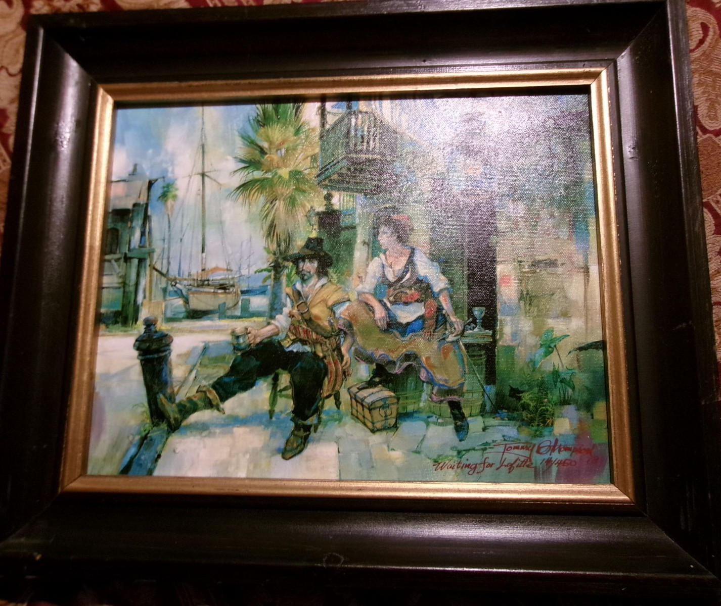 TOMMY G THOMPSON «WAITING FOR LAFITTE» 13/450~FRAMED OIL PAINTING W/ CERTIFICATE
