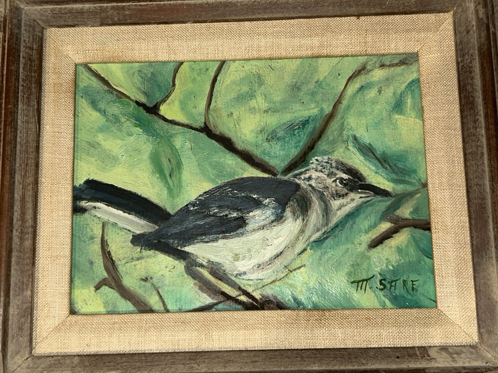 VTG Original Bird On Branch Mockingbird Signed M Sare 14.25”T 16.25”W Framed