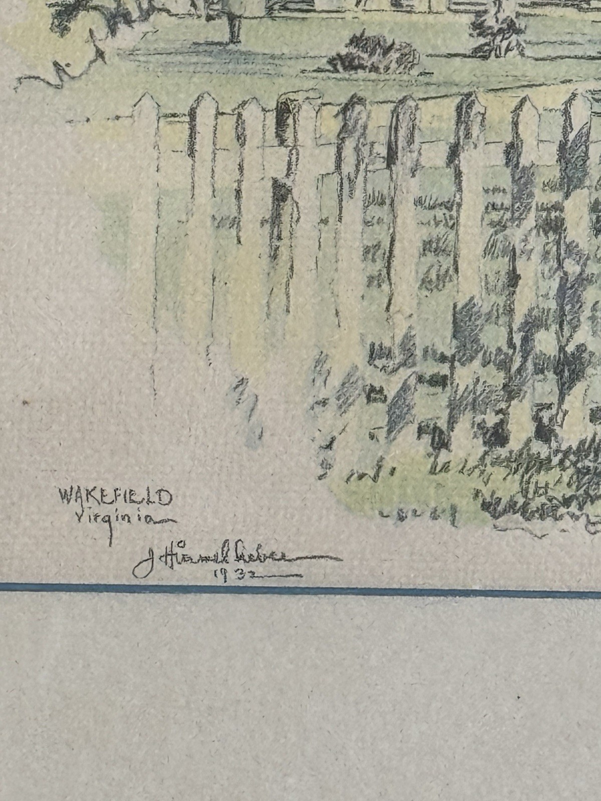1932 Drawing Birthplace George Washington «Wakefield House» , Virginia. Signed