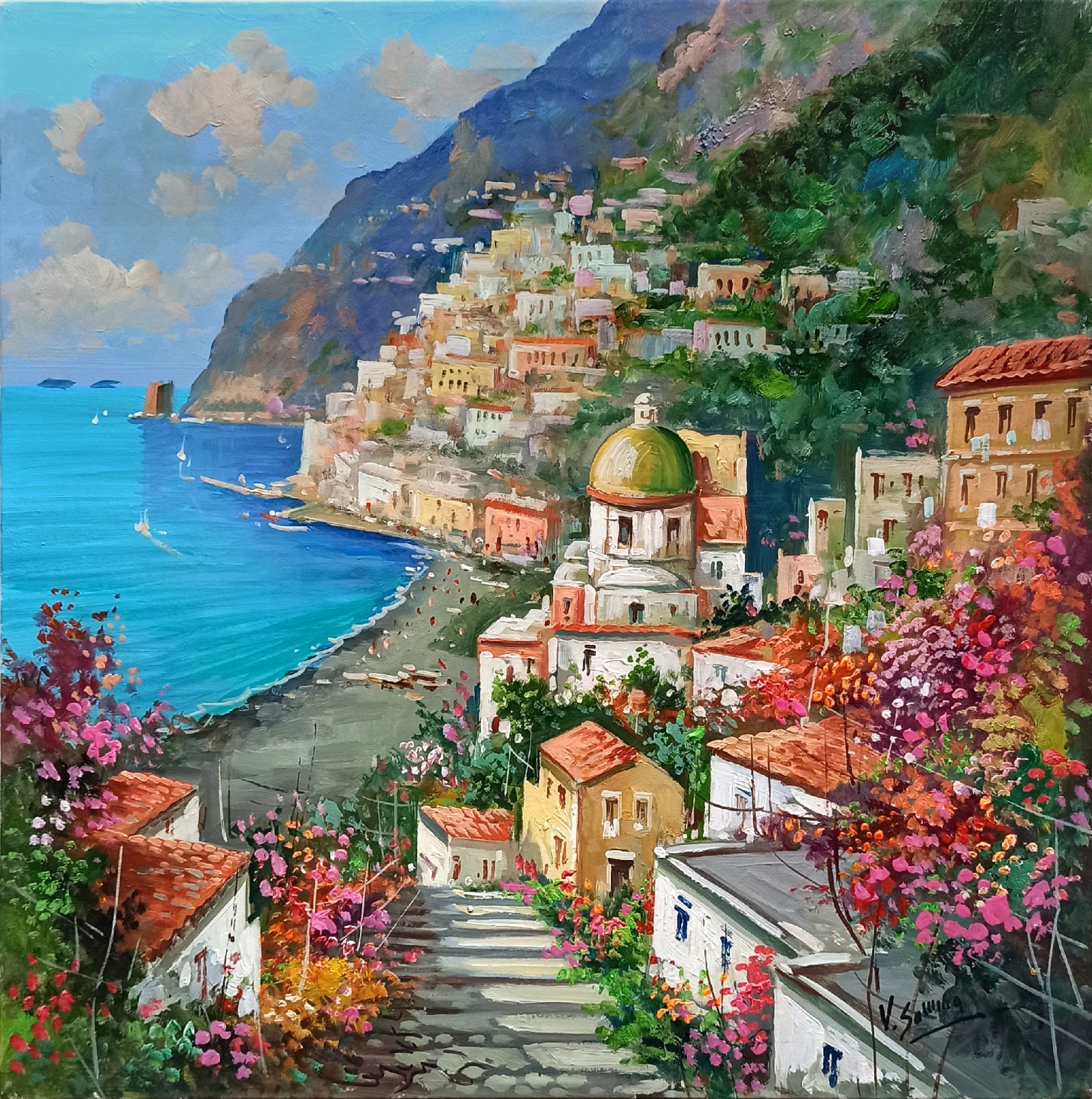 POSITANO PAINTING AMALFI COAST TOWARDS THE BEACH ORIGINAL SOMMA gemälde malerei