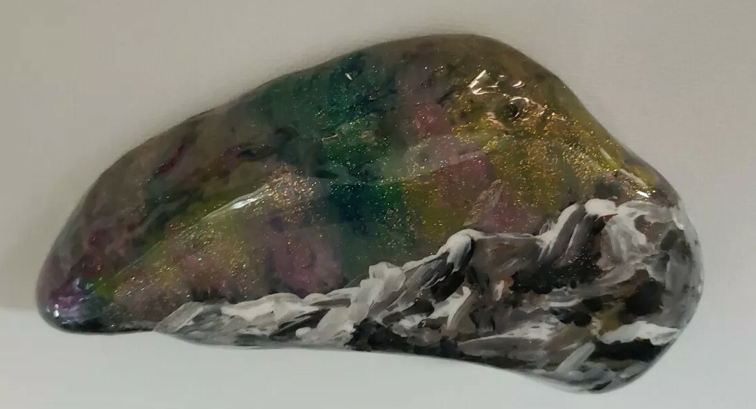Painted Rock PNW Ocean Rock Aurora Borealis with Mountain.
