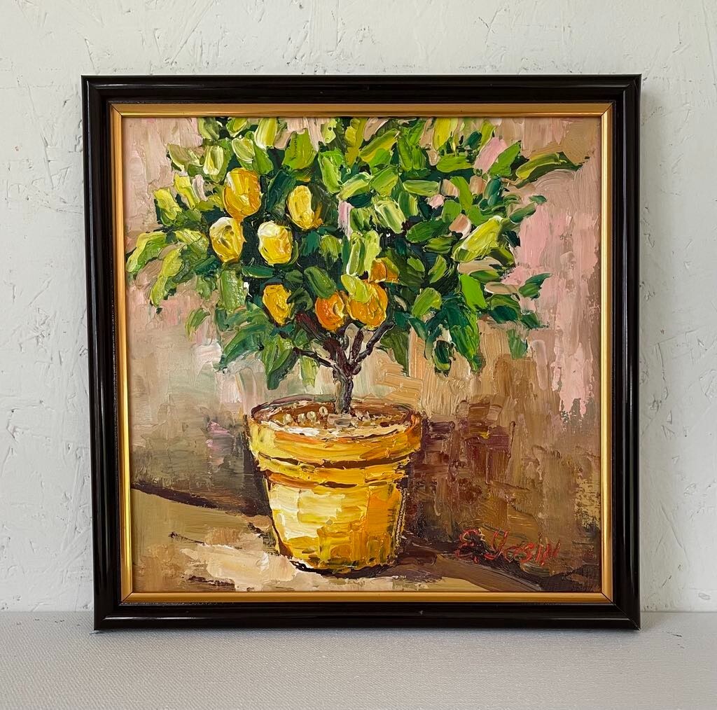 Lemon tree oil painting Original art Mediterranean decor Framed Hand painted
