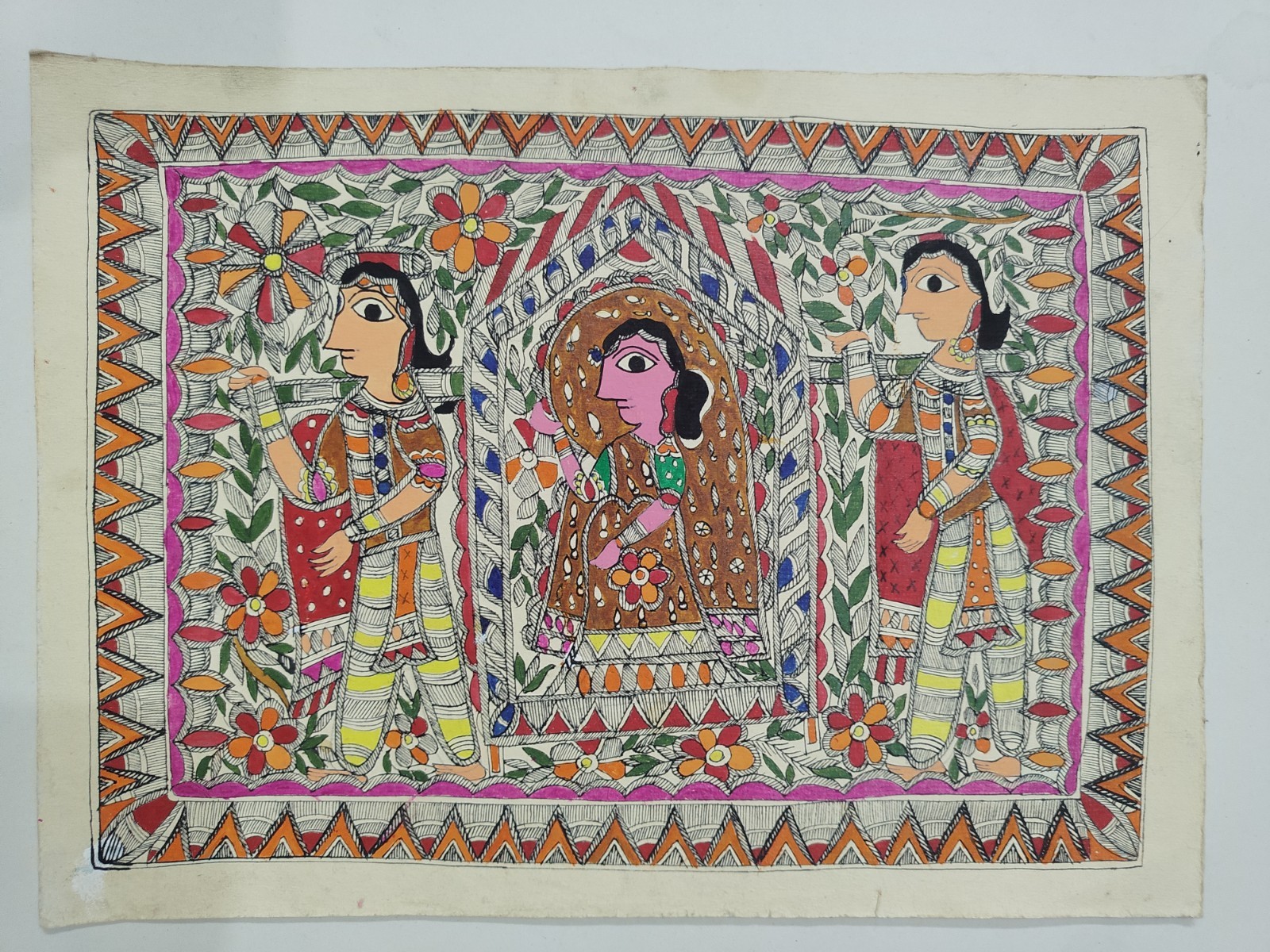 INDIA MITHILA MADHUBANI PAINTING PALANQUIN QUEEN WITH MAID 11X15 INCH #34