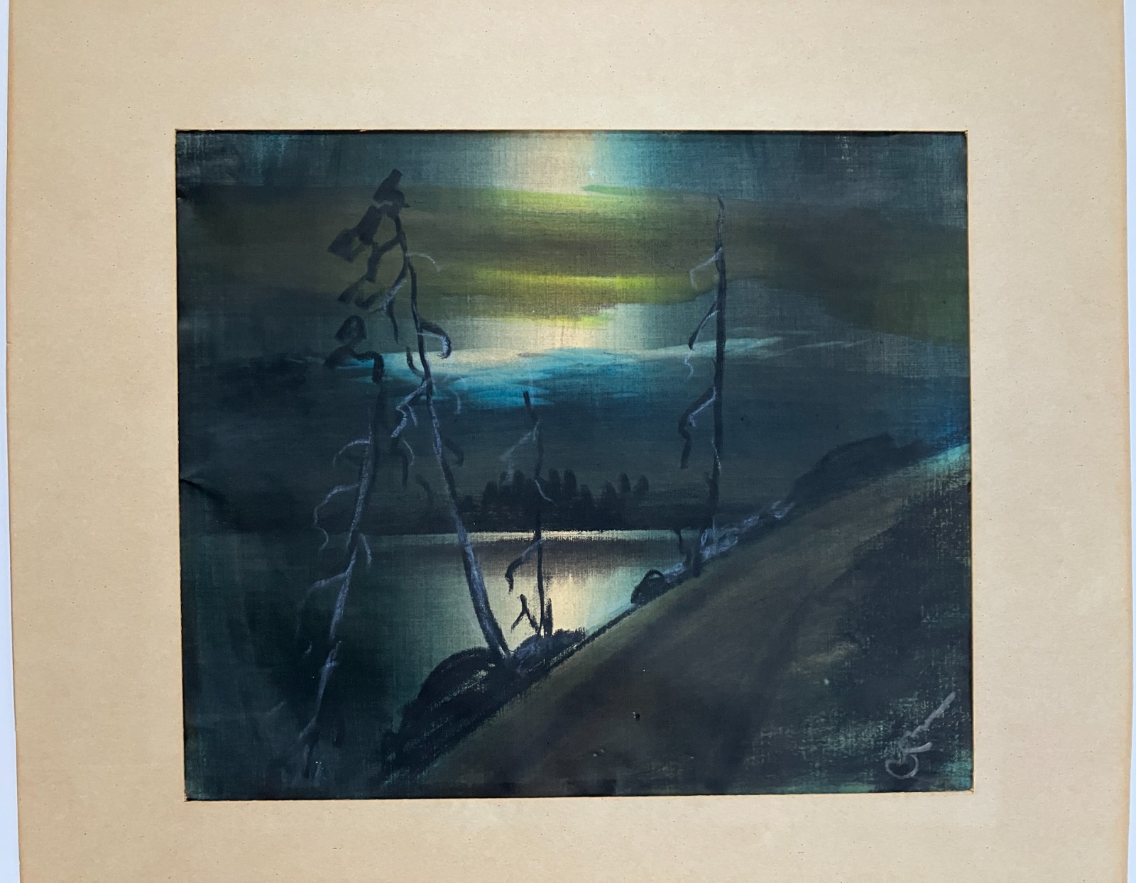 Mid Century Nordic Landscape Painting Signed Unknown Artist Lake Scene