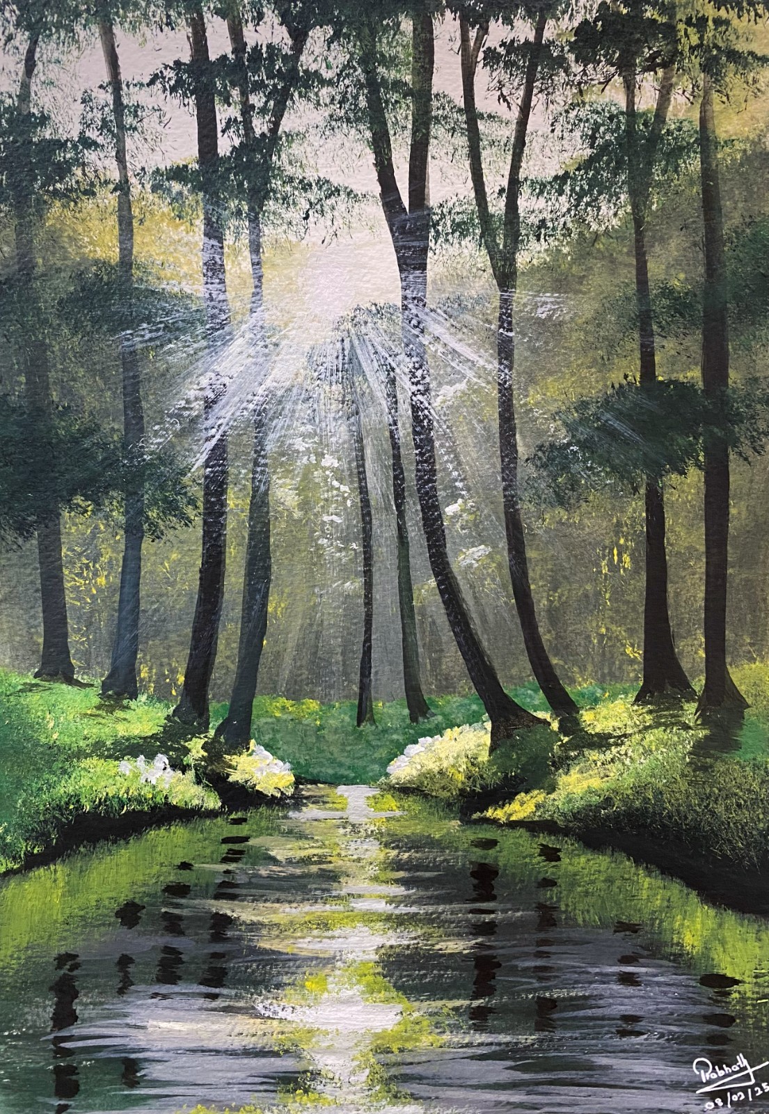 A4 Acrylic Painting Forest Sunlight Reflection Creek Nature Landscape Artwork