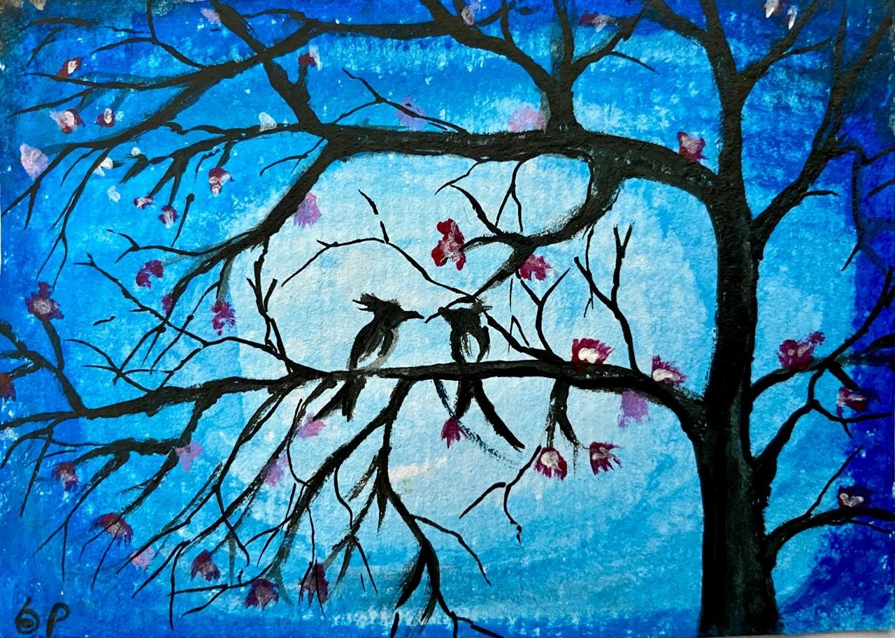 ACEO Original Painting Art Card Signed Birds Evening Landscape Fine Art SP