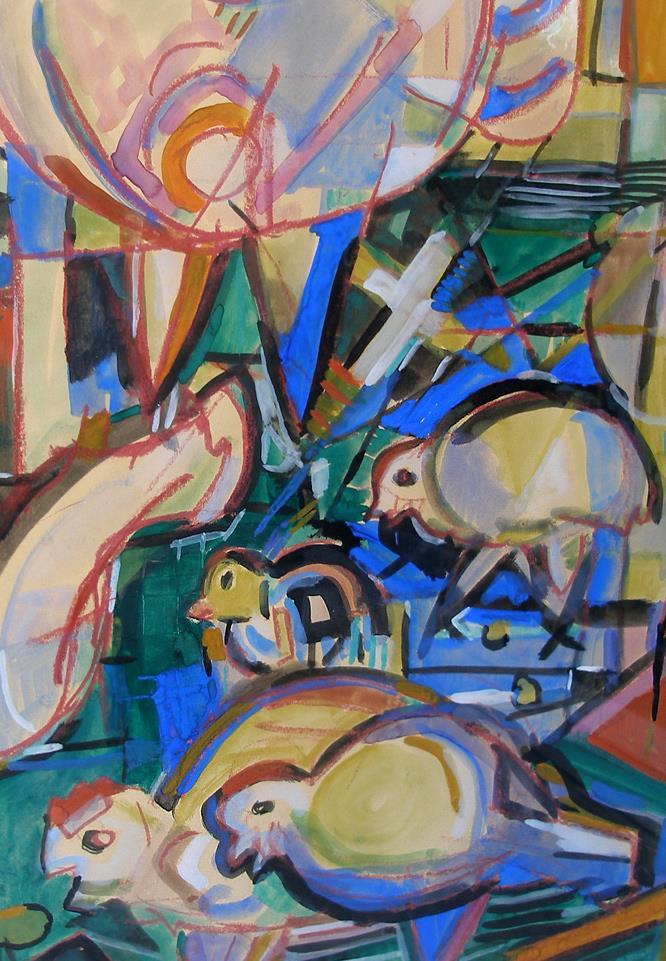 Frank Rubin (1918) Funky Chickens. Dated 1958. Fine cubist composition.