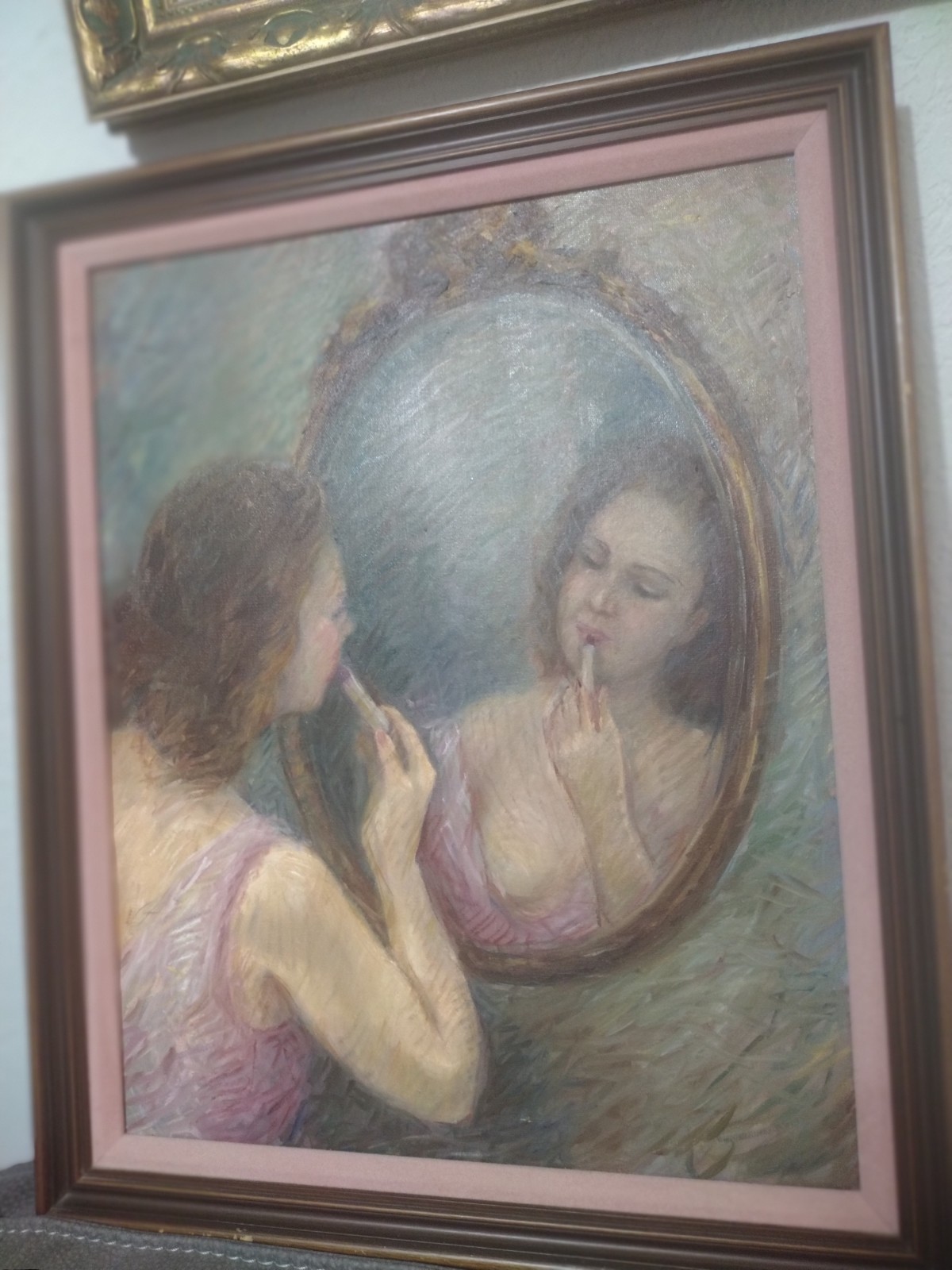 Antique oil painting on canvas. Girl at the mirror. (no signature)