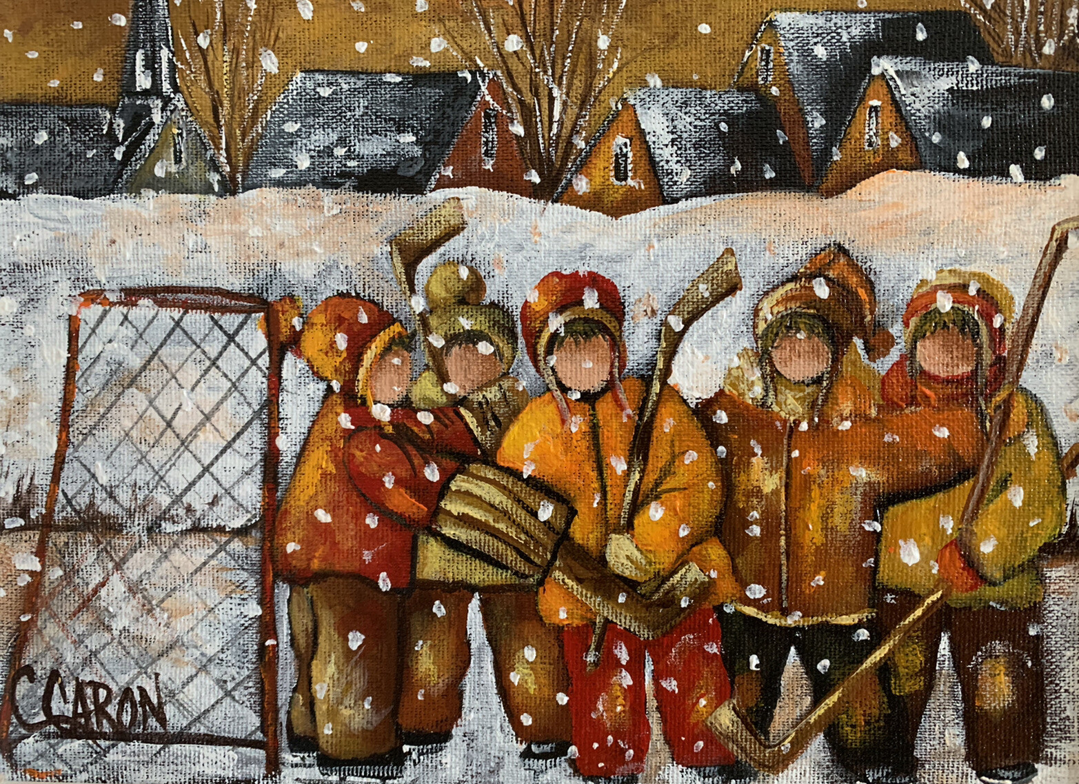 1950’S SUNSET WINTER SCENE OF YOUNG HOCKEY PLAYERS by C. CARON
