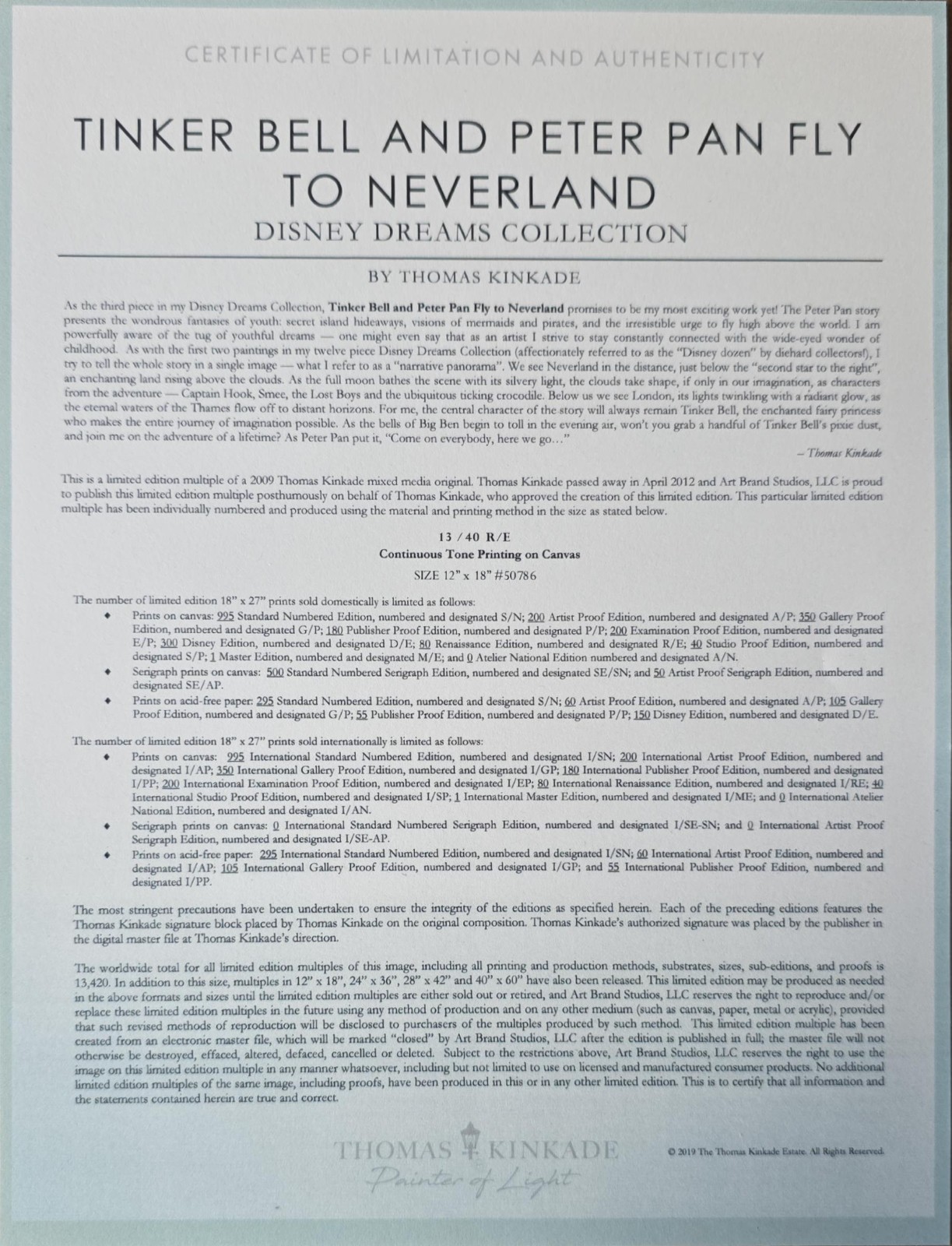 Thomas Kinkade Tinker Bell and Peter Pan fly to Neverland 12×18 R/E COA 13/40