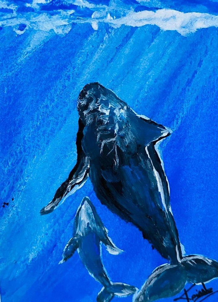 ACEO Blue Whale Mother & Calf Ocean Scene Acrylic Painting Art Marine Life NEW