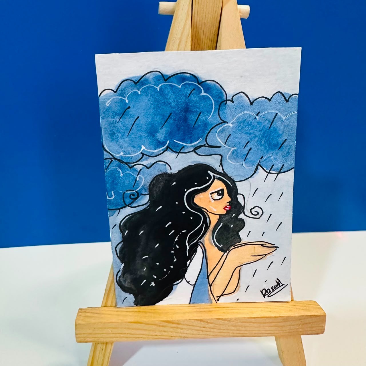 OOAK Original Watercolor Ink Girl in Rain Whimsical Portrait ACEO Mini Art Paint