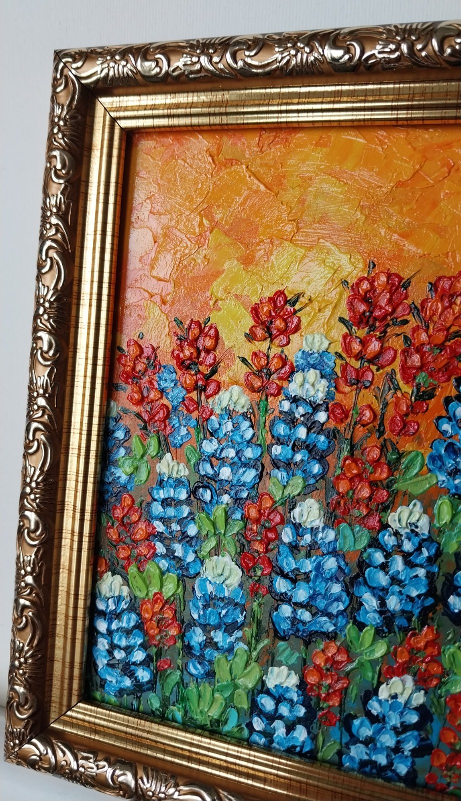 Framed Texas Bluebonnets Indian Brushes Art 4×6″ Impasto Oil Painting Original