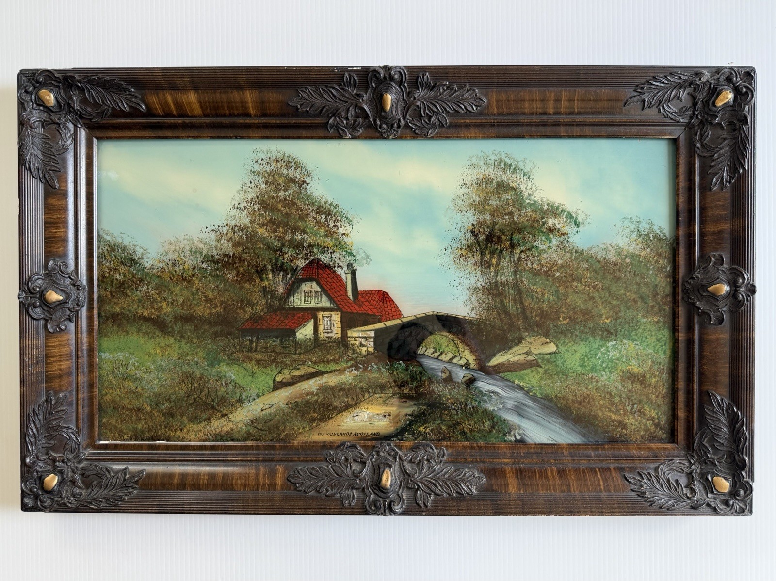 Vtg Reverse Painting, Mother-of-Pearl Inlay Scottish Highlands Cottage, Ornate