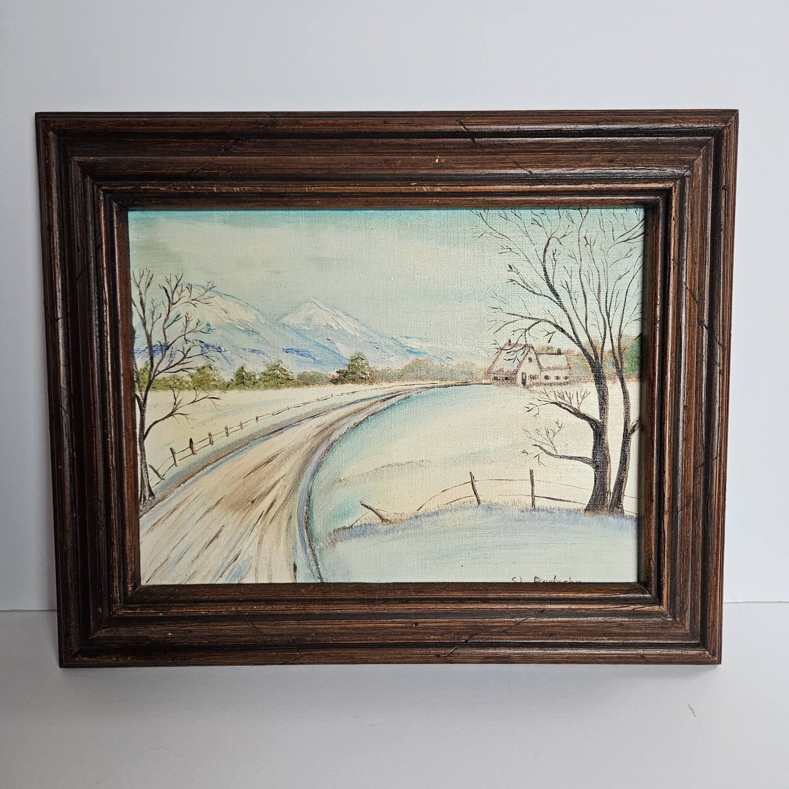 Original Winter Landscape Painting 16.5″w x 13.5″ Rustic Wood Frame Farmhouse