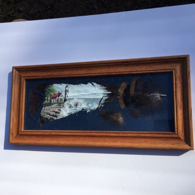 Lighthouse cottage ocean painted on turkey feather glass framed signed