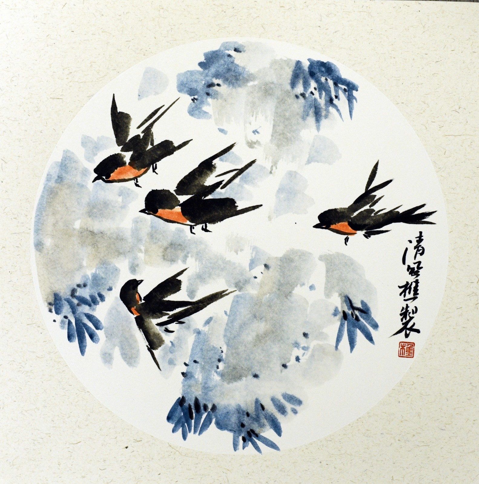 Hand Painted Chinese Ink Painting | Swallows in Spring | 34x34cm Original Art