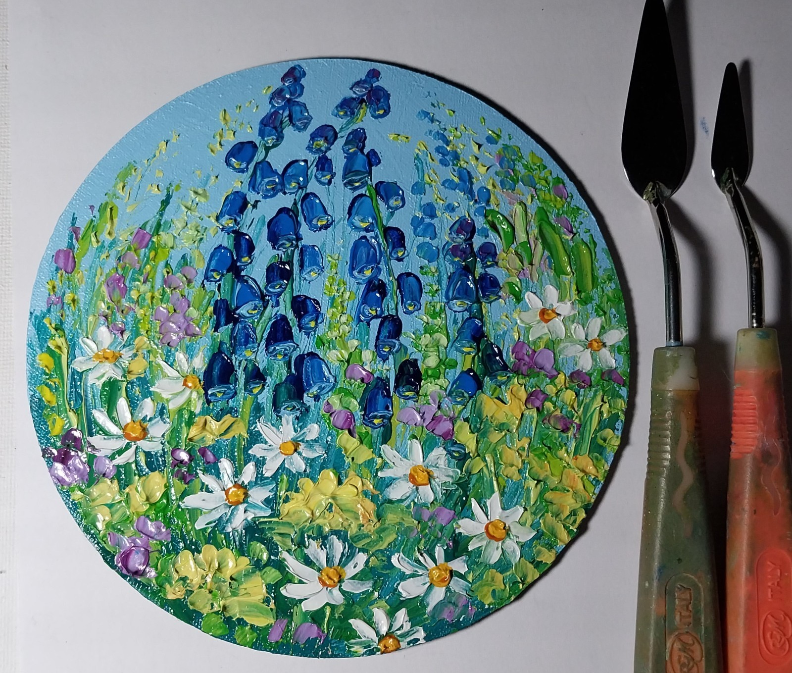 Meadow Flowers Daisies Bells Art Round Canvas 6×6” Impasto Oil Painting Original