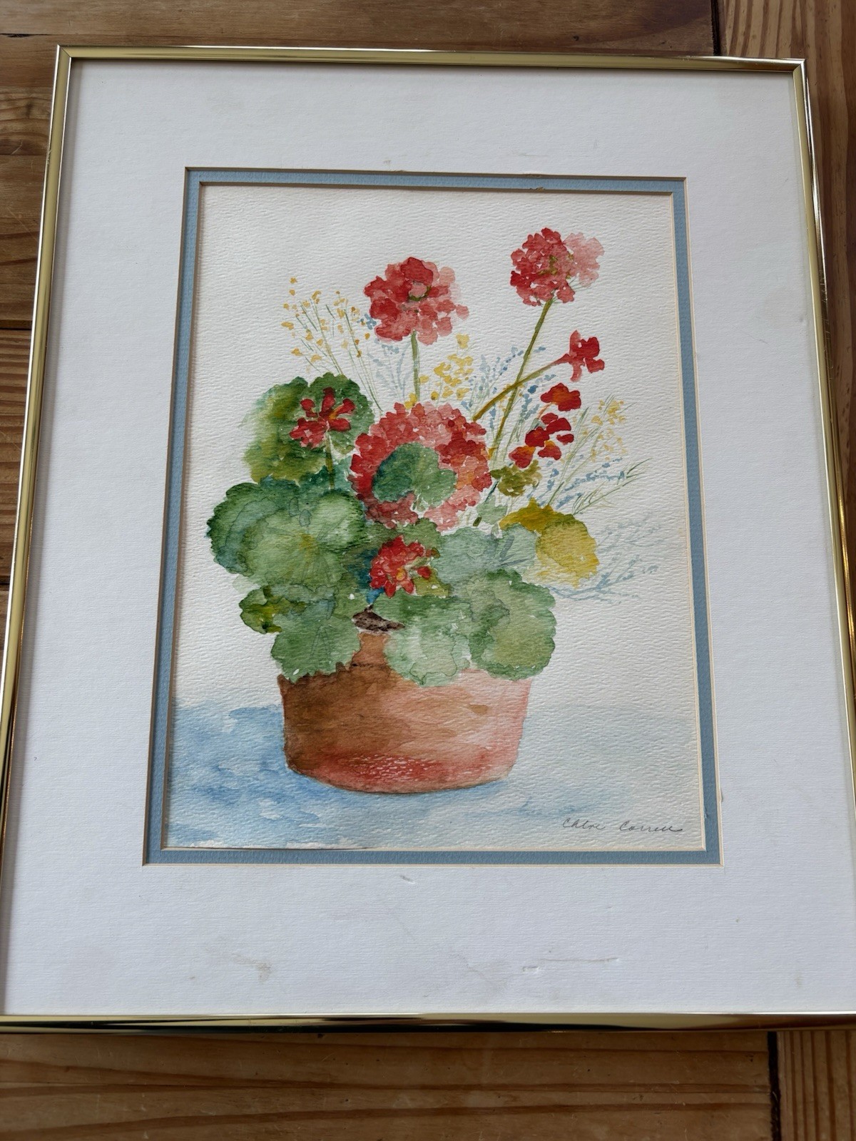 BEAUTIFUL ORIGINAL FRAMED GERANIUM WATERCOLOR PAINTING BY CHLOE CORRELL SIGNED