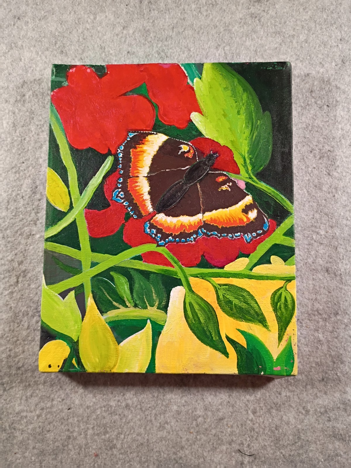 Original Vintage Modern Butterfly 80s 90s Acrylic Painting on Canvas 8×10″
