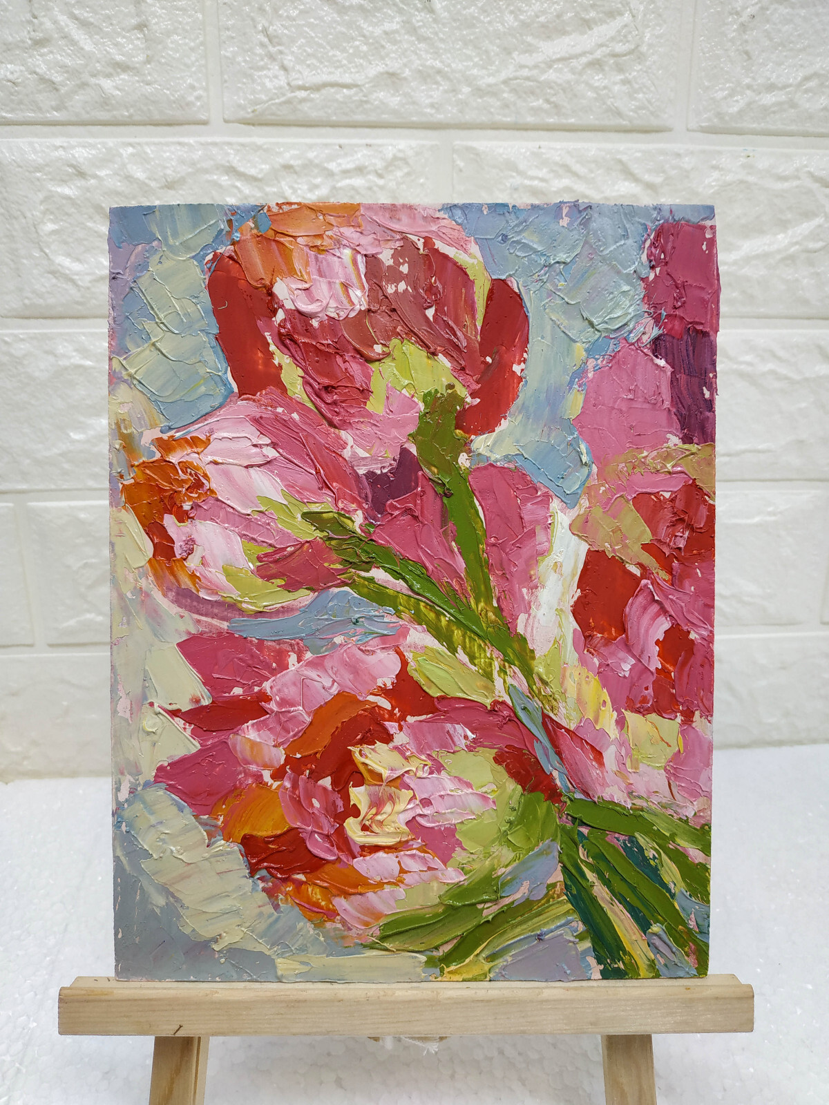 Original oil painting Pink Floral tulips flower Artwork Still life wall art 9×7