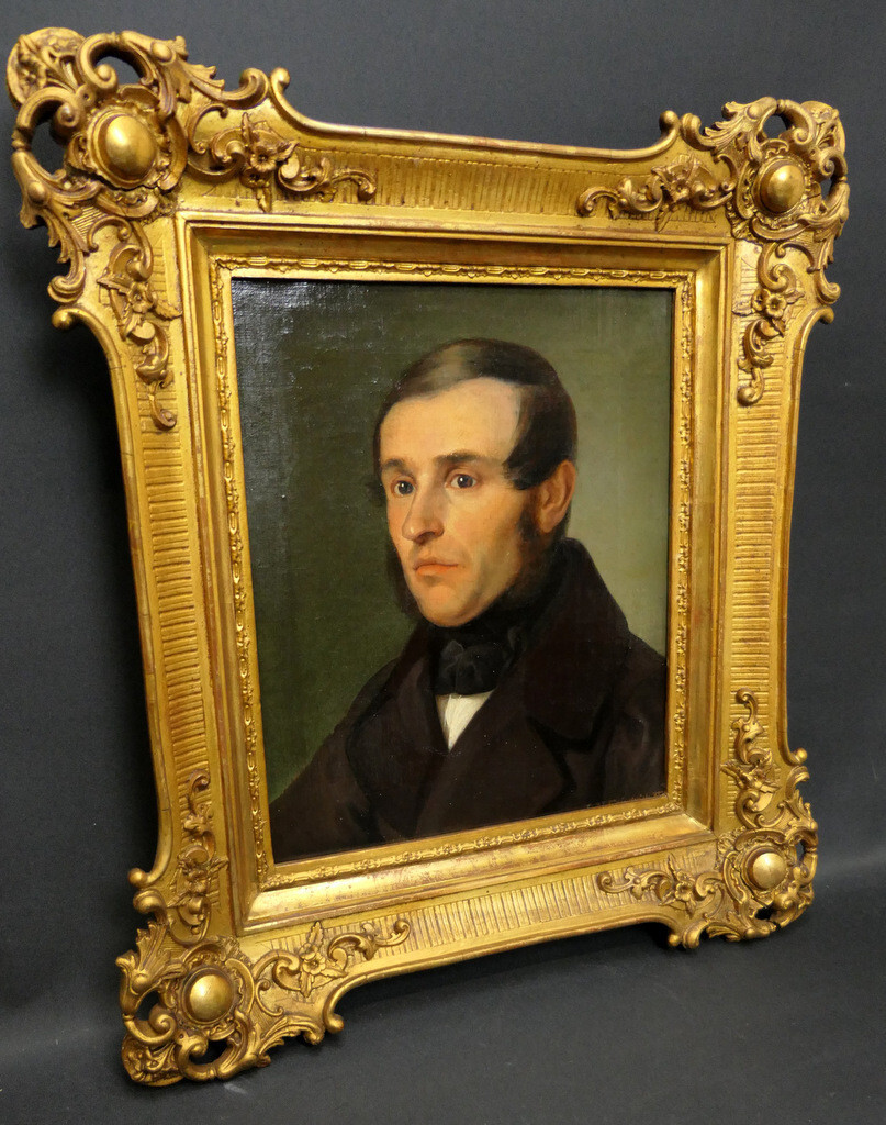 Biedermeier Portrait of Men, J. Nepomuk Friedrich 1843, original Gold frame. Oil picture