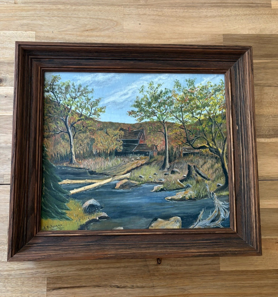 Vintage Signed Oil Painting Autumn Landscape River Cabin Framed A.Peterson 1975